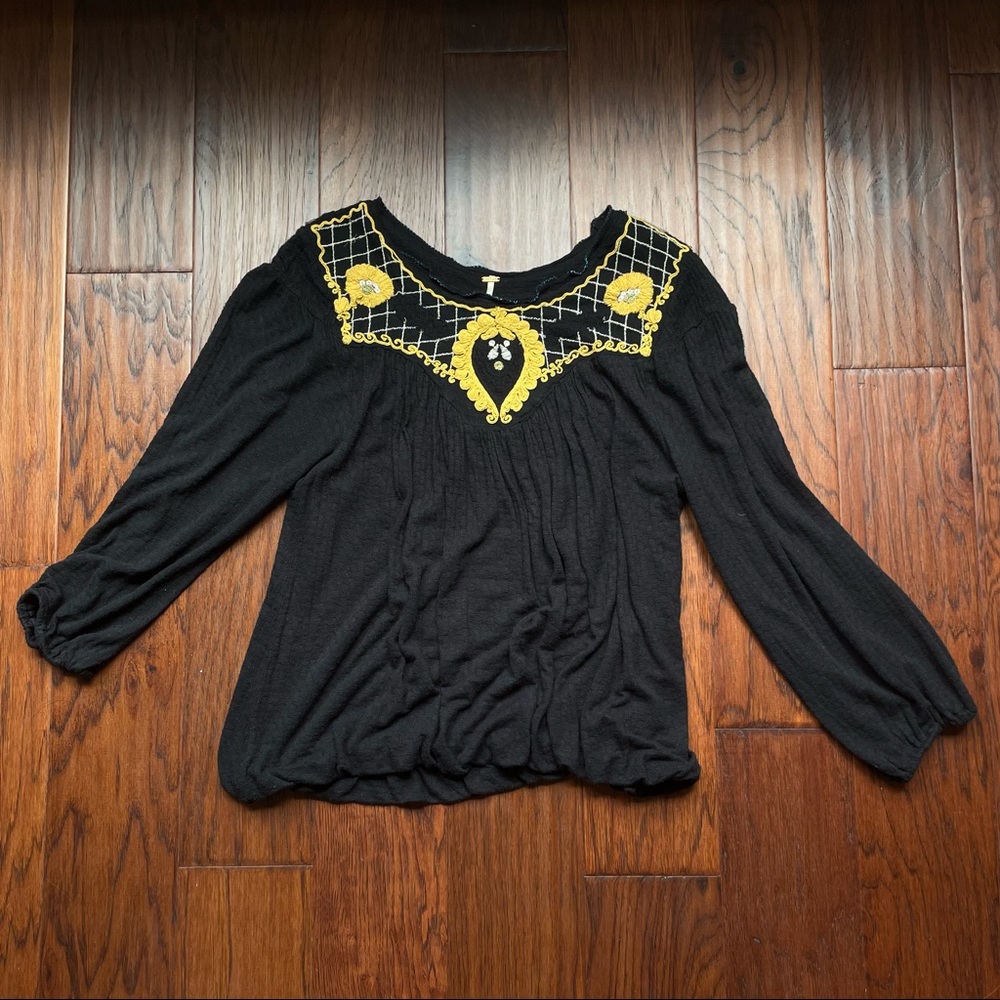 Free people begonia black bubble blouse with embroidery (S) (Originally $108)